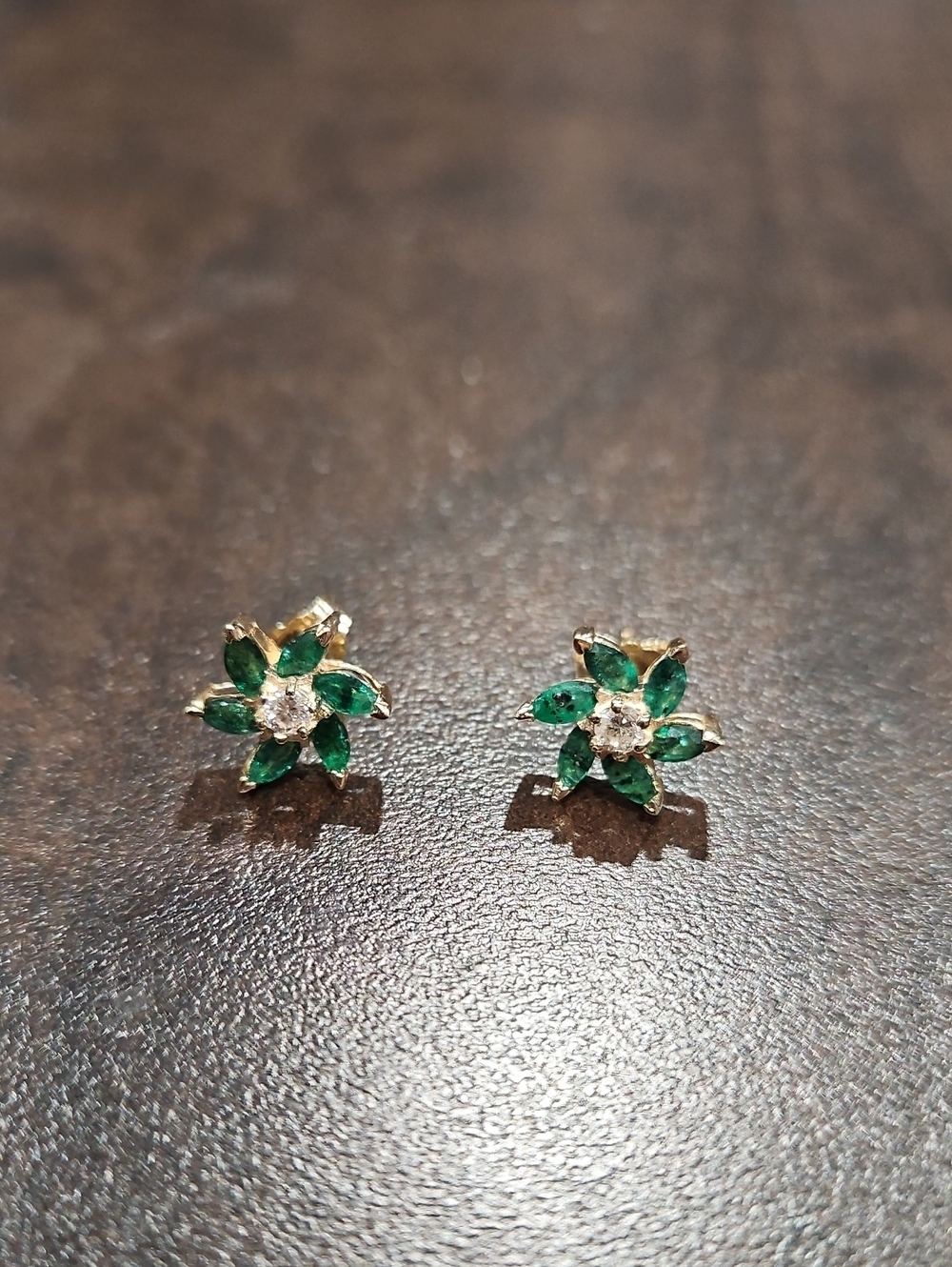 14k Genuine Emerald And Diamond Flower Stud Earrings - Green and Gold